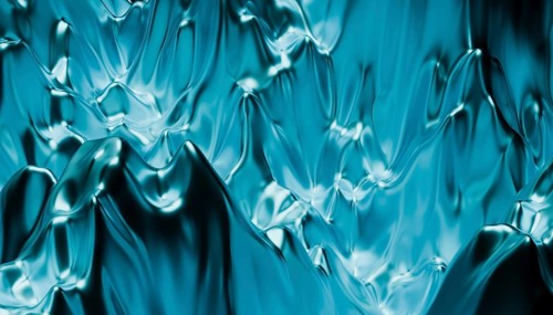 This striking 3D illustration depicts an abstract blue liquid texture with flowing, ripple-like
