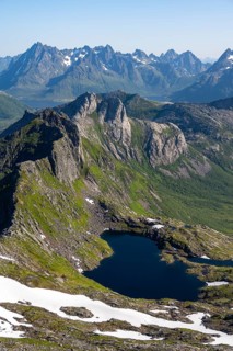 Mountains and fjord landscape, view from the summit of Rundfjellet, Lake Hellskarvatnet, Svolvaer,