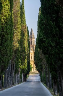 Road going through cypress trees to San Biagio Renaissance Church in autumn, architect Antonio da