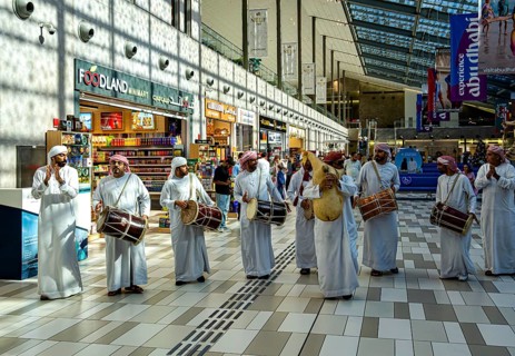 Typical national reception with orientalist music in the cruise terminal of Abu Dhabi, UAE, United