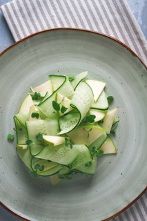 Spring, green salad, cucumber with apple, top view, close-up, no people, microselen radish, healthy