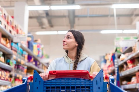 A woman with a braided ponytail glances upwards while pushing a red shopping cart in a supermarket