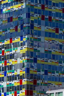 Colorium high-rise building, façade with coloured glass panels, architect William Alsop,