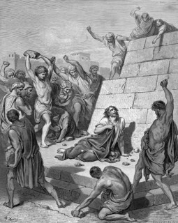 The stoning of Stephen, Acts chapter 7, verse 57, stones, throwing, throwing, anger, taking