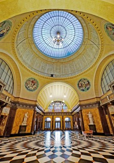 Foyer with glass dome in the spa hotel and Casino in the evening, Wiesbaden, Hesse, Germany