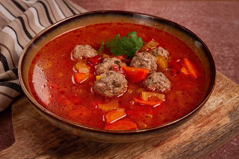 Romanian soup with meatballs, vegetable soup with meatballs, homemade, no people