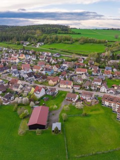 Overview of a village with scattered houses and large green spaces, surrounded by forests,