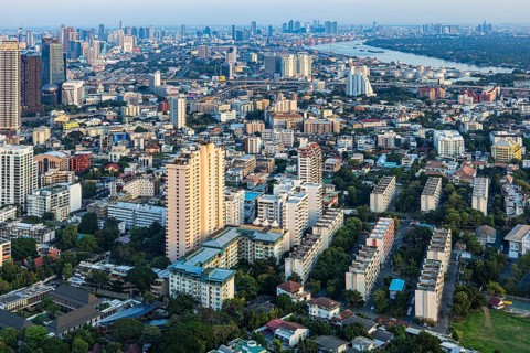 Over the rooftops of Bangkok, view from the Moon Bar on the roof terrace of the Banyan Tree Hotel,