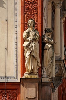 Sculptures on the corner façade of the University of Rostock, Universitätsplatz, Rostock,