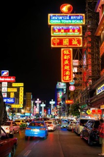 Shopping street with neon signs and street restaurants, nightlife, Yaowarat Road, Chinatown,