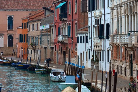 Different house facades on the canal, Venice, Veneto, Italy