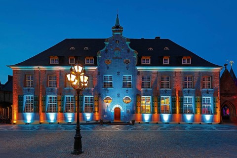 Kevelaer in the light, light installation Priseterhaus in the evening, Kevelaer, Lower Rhine, North