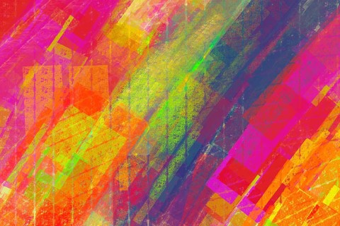 A vibrant and dynamic abstract artwork featuring a colorful geometric pattern with overlapping