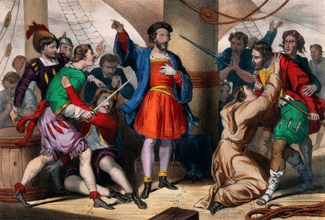 Christopher Columbus admonishes his men for their lack of courage
