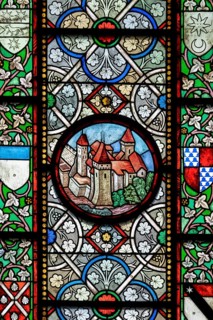 Colourful stained glass windows, Notre-Dame Cathedral, former episcopal church of the diocese of