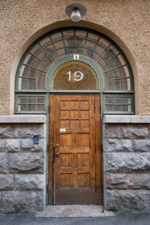 House entrance, wooden door, art nouveau, Helsinki, Finland