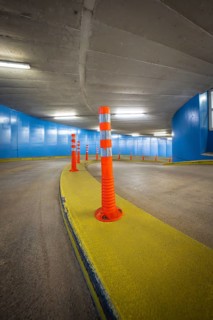 Car park curve with orange cones and blue walls, ZOB car park of Stadtwerke Calw, Calw, district of