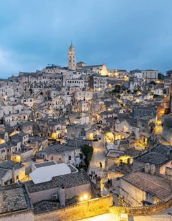 View of Sassi di Matera at night, Sasso Barisano, Basilicata, Italy