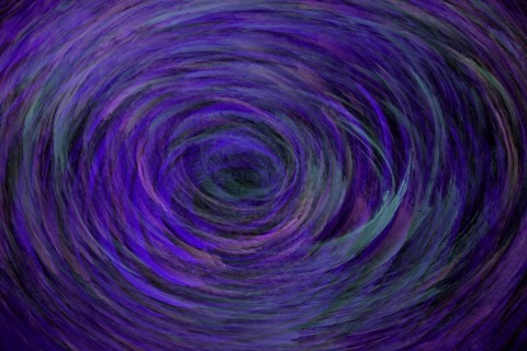 Dynamic abstract painting featuring a swirling vortex pattern in rich shades of purple and blue,