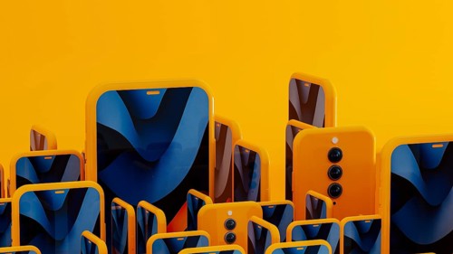 Many yellow frame smartphone exist with blue abstract art displayed on the screen. This creates a