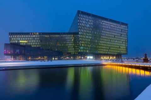Harpa concert hall, Tónlistar- og ráðstefnuhúsið í Reykjavík, reflection, blue hour, winter,