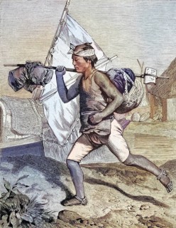 Japanese postman and carrier, Japan, Historical, digitally restored reproduction from a 19th
