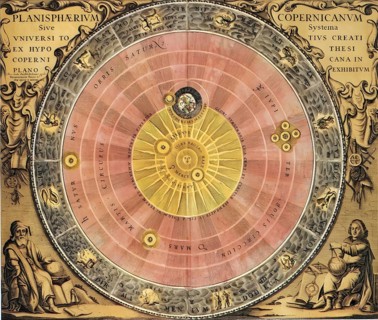 Copernicus' worldview, the sun as the center of the universe, historical illustration, digitally
