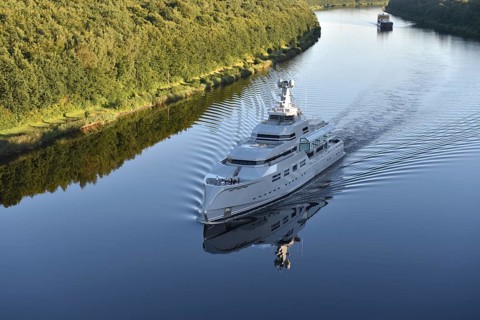 Superyacht, mega yacht NORN sails in the Kiel Canal, NOK, Kiel Canal, Kiel Canal,