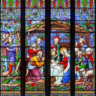 Detail of stained glass window Adoration of Shepherds by William Wailes 1861, Christ Church,