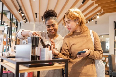 Two women in a bright cosmetics store share a friendly interaction while exploring makeup products.