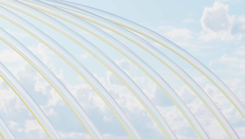 Elegant transparent arcs gracefully intersect against a serene cloudy sky, infused with subtle