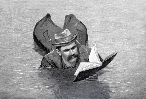 The technician F.W. Kuhl swimming down the Rhine near Cologne in the life jacket he invented, 1896,