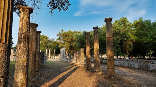 Palestra, long row of ancient columns lined with trees and sky, Archaeological Site, Ancient