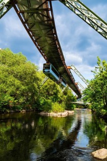 A suspension railway over the riverbed of the Wupper in Elberfeld, Wuppertal, Germany