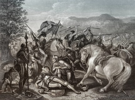 Die Schlacht von Otterburn zwischen englischen und schottischen Armeen am 5. August 1388