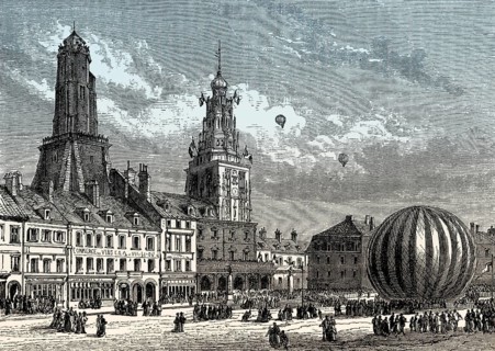 Departure of balloon le Neptune, Place d'Armes, Calais, France, 1868