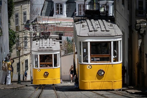 LISBON, PORTUGAL - MAY 19, 2025: Famous Elevador da Gloria at the street of Lisbon