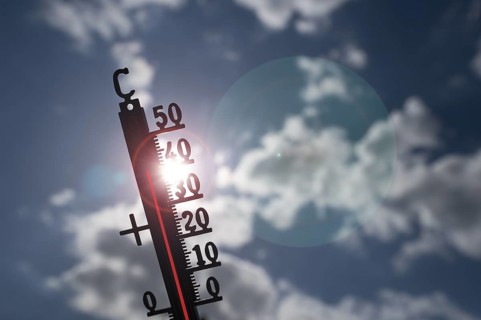 Symbolic image heat wave, thermometer in the sun, summer, climate change, temperature, record heat,