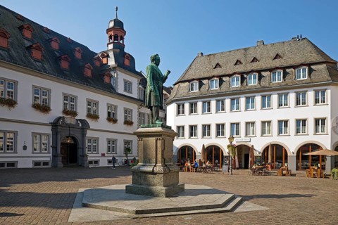 Jesuitenplatz with Johannes Müller monument and historic town hall, Old Town, Koblenz,