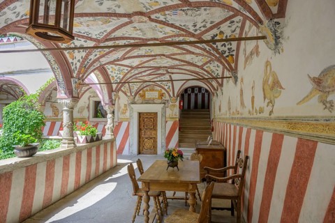 Arcade in the inner courtyard, Churburg Castle, Schluderns, South Tyrol, Italy