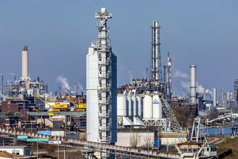 BASF plant, production building and smoking chimneys. Ludwigshafen on the Rhine,