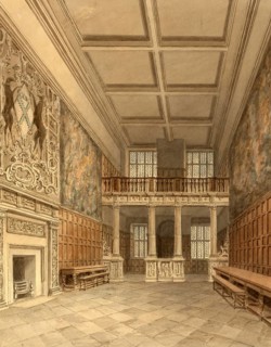 Interior view of the hall at Hardwick Hall in Derbyshire, England, digitally restored reproduction
