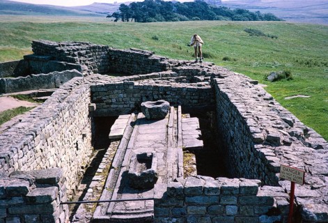 Visit by the Archaeological Society to Hadrian's Wall, Northumberland, England, UK Latrines at