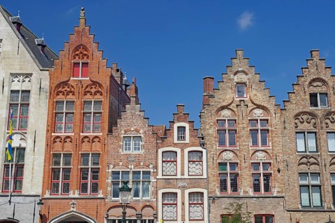 Detailed gabled facades in a historic city centre, Bruges, West Flanders, Belgium