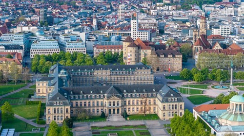 City view of Stuttgart. Aerial view. City centre on the Schlossplatz with New Palace, Old Palace