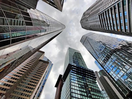 Frog's-eye view of the skyscrapers in the banking district, Four Frankfurt, Frankfurt am Main,