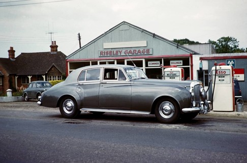 Bentley S1 saloon at the petrol pumps of Riseley Garage, Berkshire, England, UK May 1961