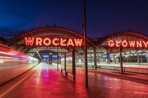 WROCLAW, POLAND - NOVEMBER 16, 2019: Train and platforms Wroclaw Glowny - main railway station in