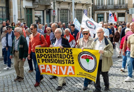 Political rally and march for May Day in city of Guimaraes, Braga district, northern Portugal,