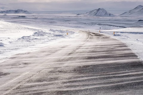 Snow drift over road, Norðurland, Northern Iceland, Iceland